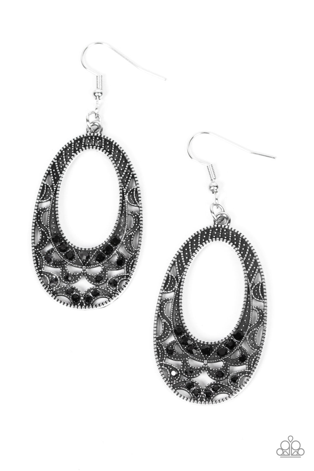 Colorfully Moon Child - Black Rhinestone Silver Oval Fishhook Earrings