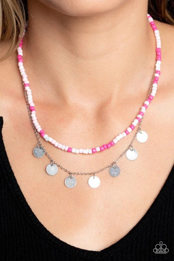 Comet Candy - Pink Seed Bead Silver Disc Short Layered Necklace