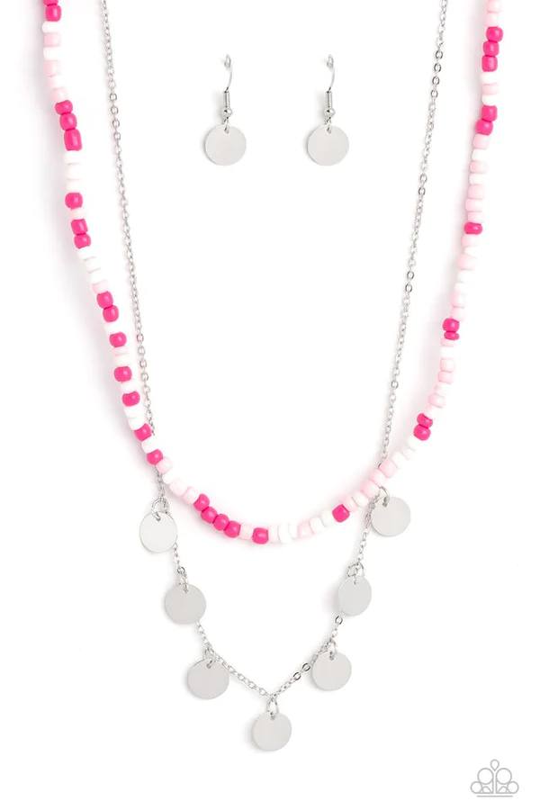 Comet Candy - Pink Seed Bead Silver Disc Short Layered Necklace
