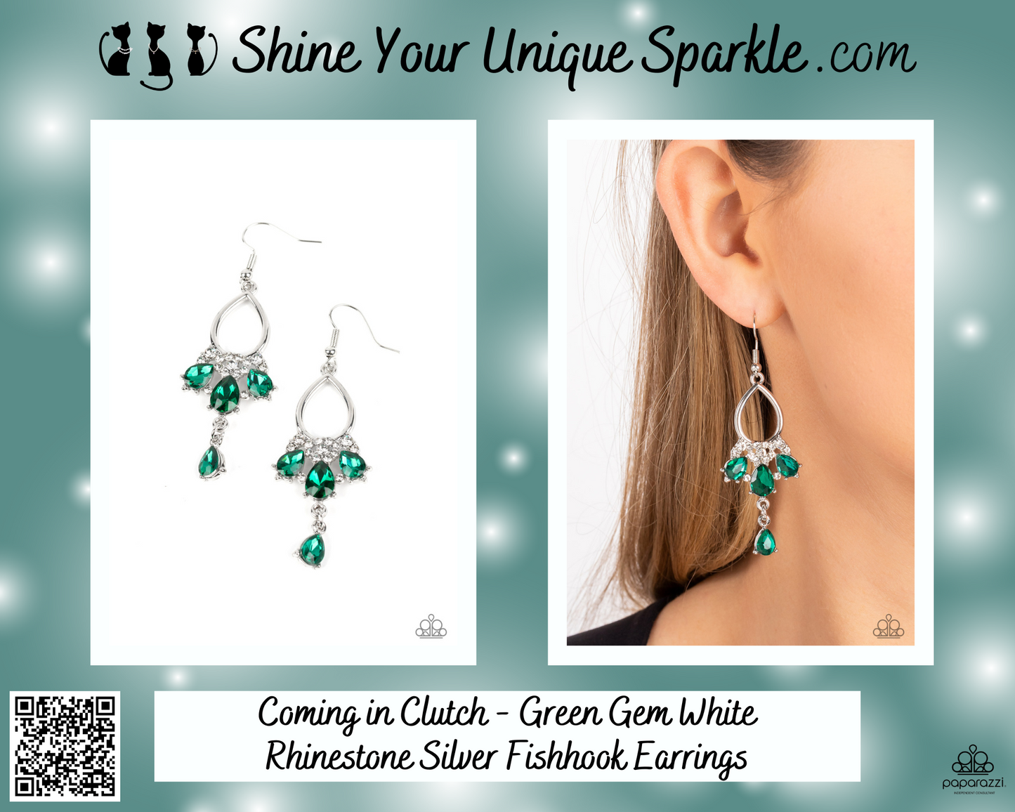 Coming in Clutch - Green Gem White Rhinestone Silver Fishhook Earrings