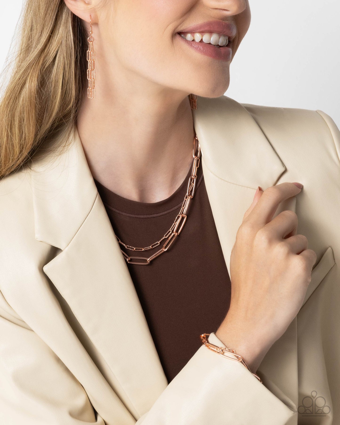 PERFECT MATCH / SET: Monochromatic Matinee - Copper Paperclip Chain Short Tiered Necklace AND Matinee Mashup - Copper Paperclip Chain Clasp Bracelet