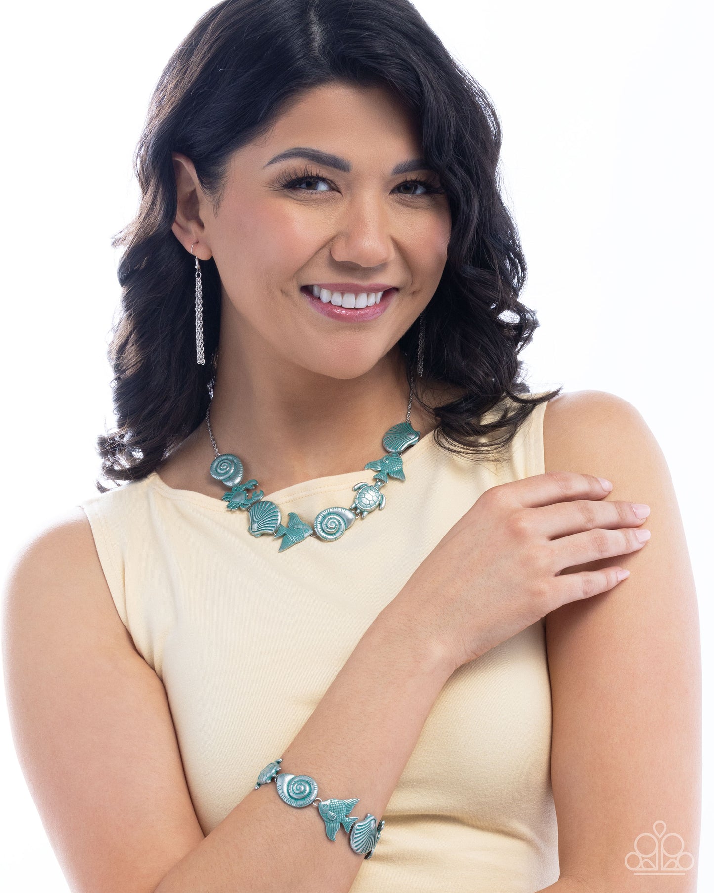 Coastal Shelf - Blue Patina Beachy Charms Silver Short Necklace