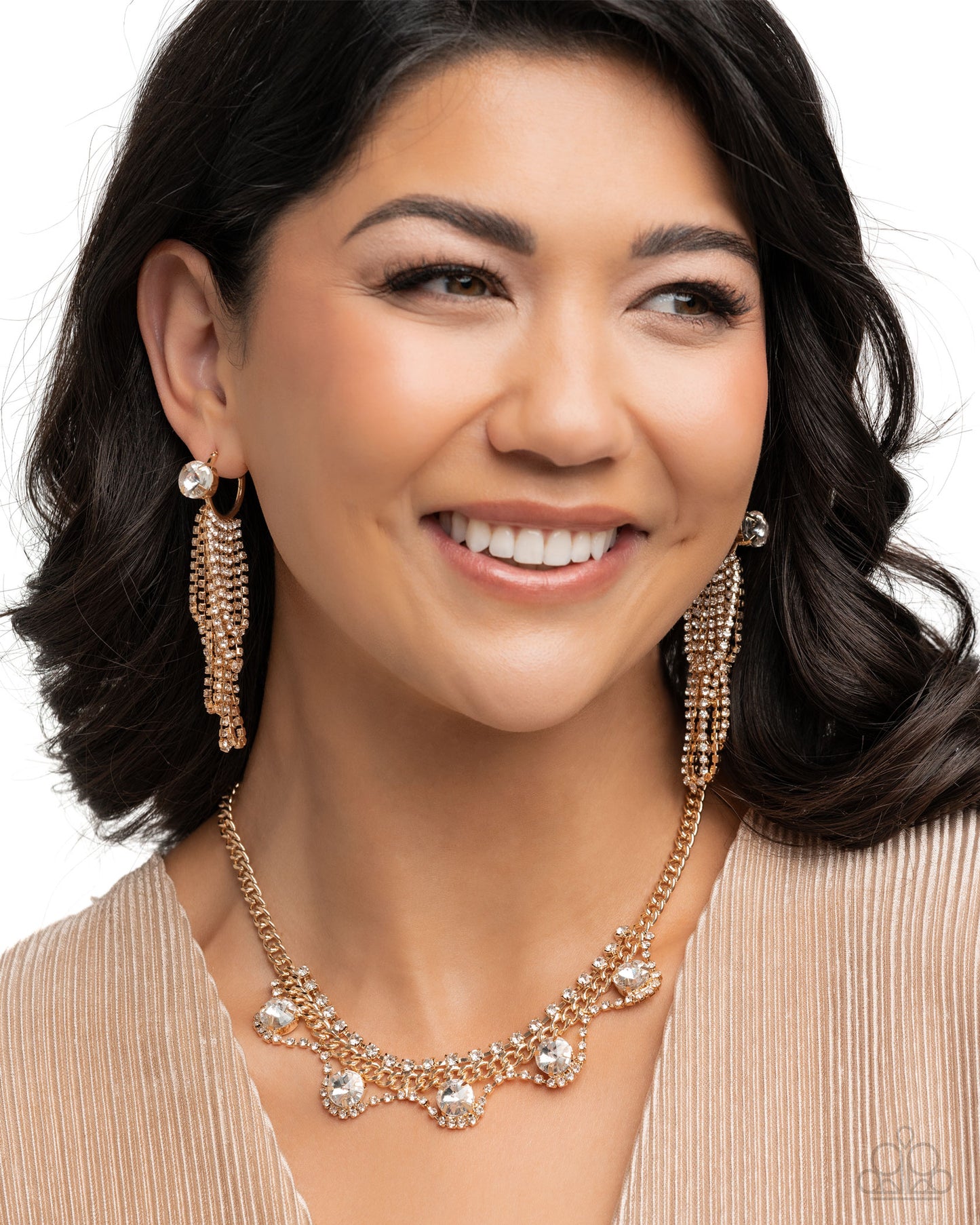 Ceaseless Chic - Gold and Oversized White Rhinestones Post Earrings