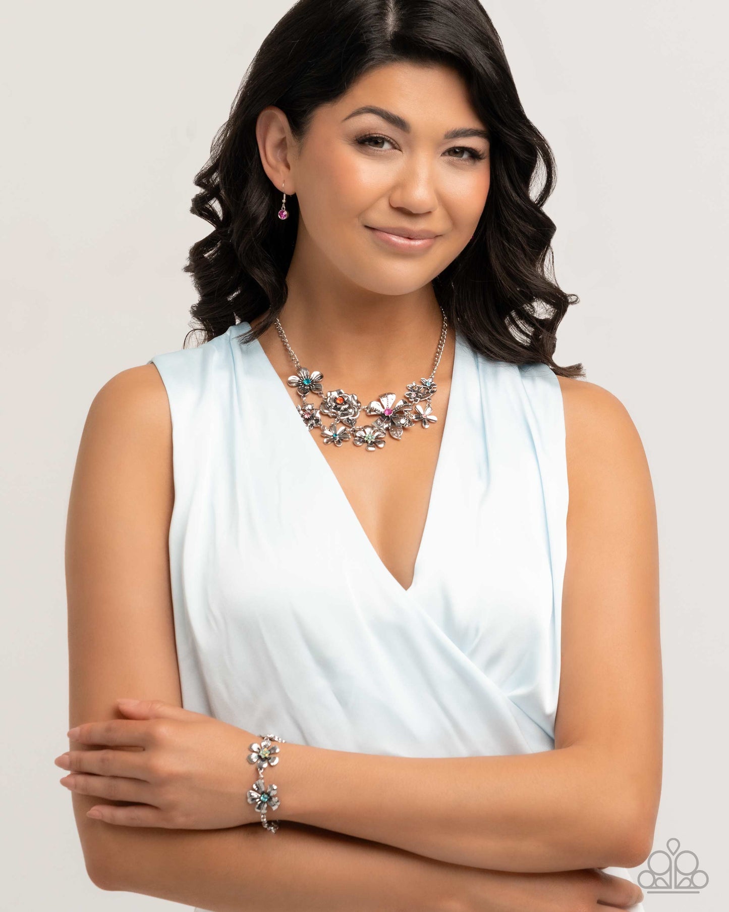 Floral Fate - Multicolored Rhinestones Silver Flower Short Necklace