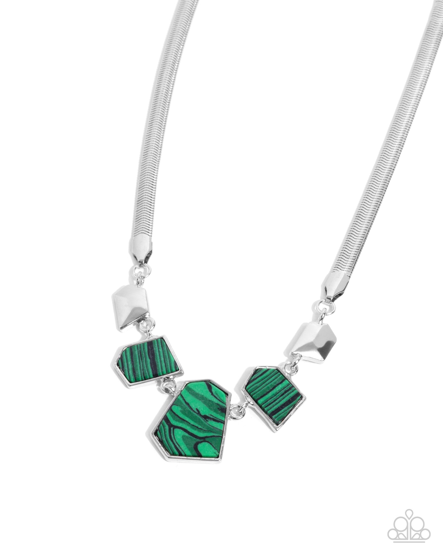 PERFECT MATCH / SET: Lined Legacy - Green-Striped Abstract Stones Silver Short Necklace AND Lined Leisure - Green-Striped Abstract Stones Silver Clasp Bracelet