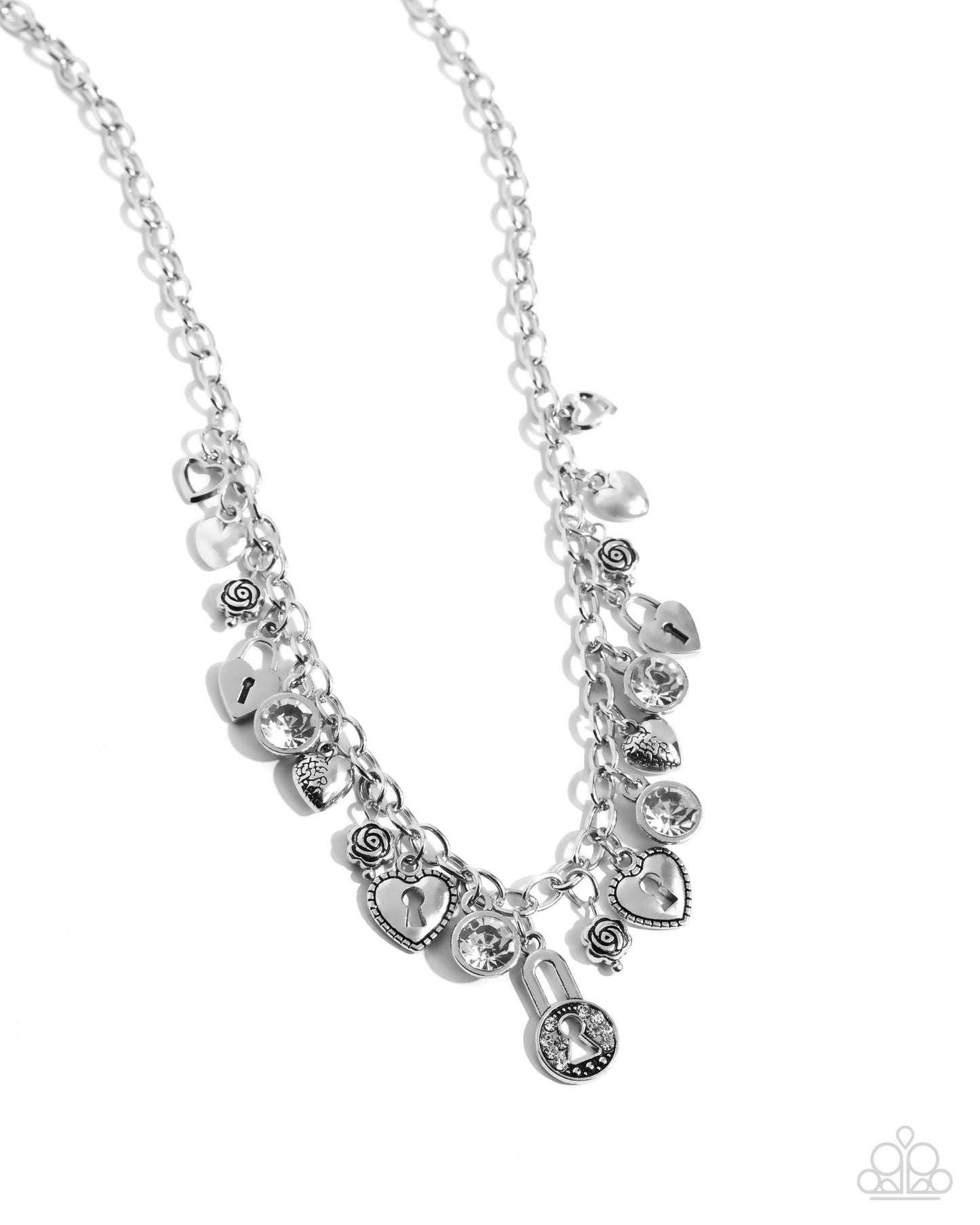 LOCK of Love - White Gems Rhinestones Silver Hearts Roses Filigree Charms Lock Pendant Silver Short Necklace