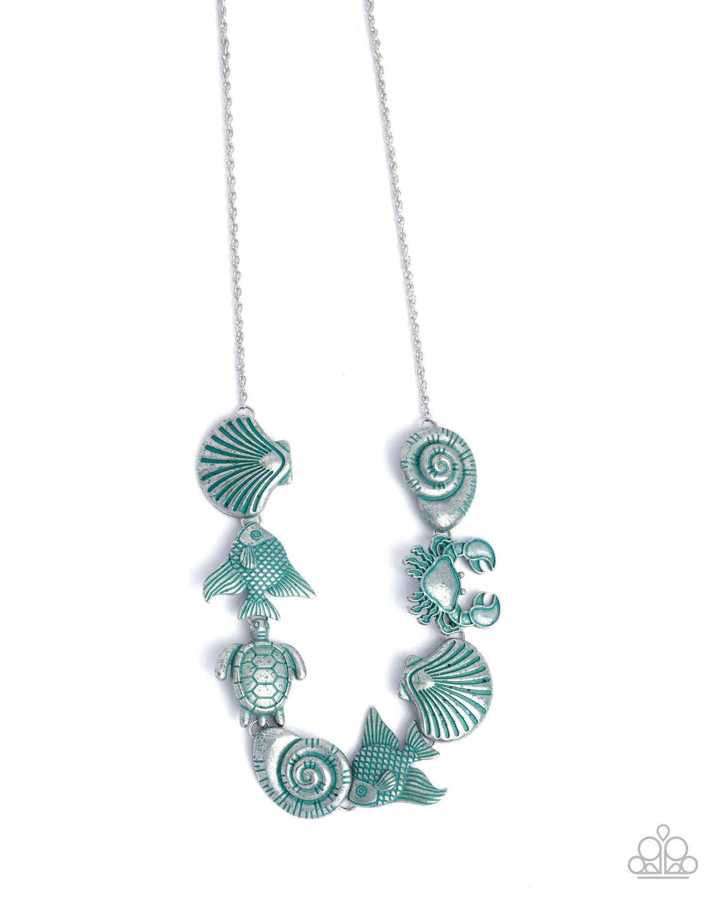 Coastal Shelf - Blue Patina Beachy Charms Silver Short Necklace