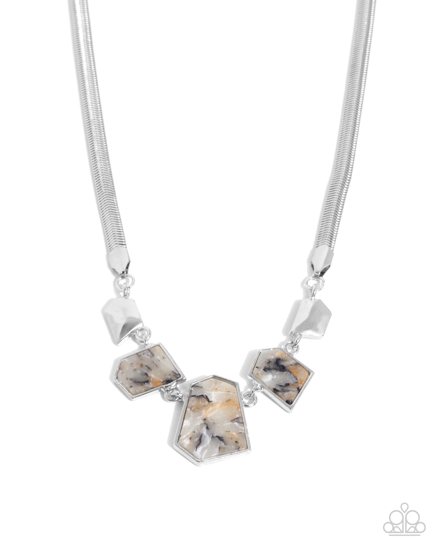 Lined Legacy - Multi Brown Black-Marbled Abstract Stones Silver Short Necklace