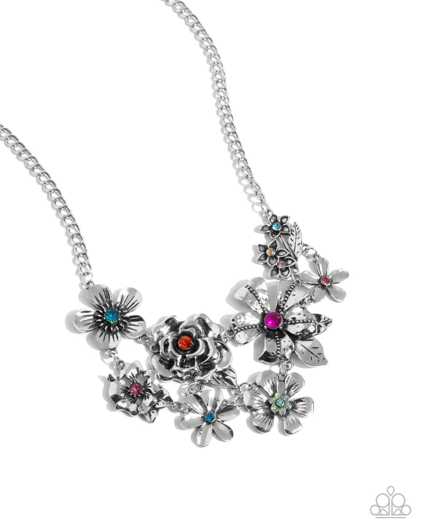 Floral Fate - Multicolored Rhinestones Silver Flower Short Necklace