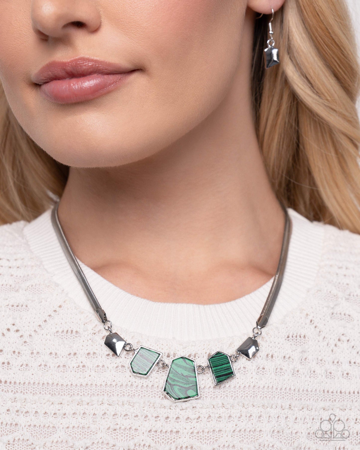 PERFECT MATCH / SET: Lined Legacy - Green-Striped Abstract Stones Silver Short Necklace AND Lined Leisure - Green-Striped Abstract Stones Silver Clasp Bracelet
