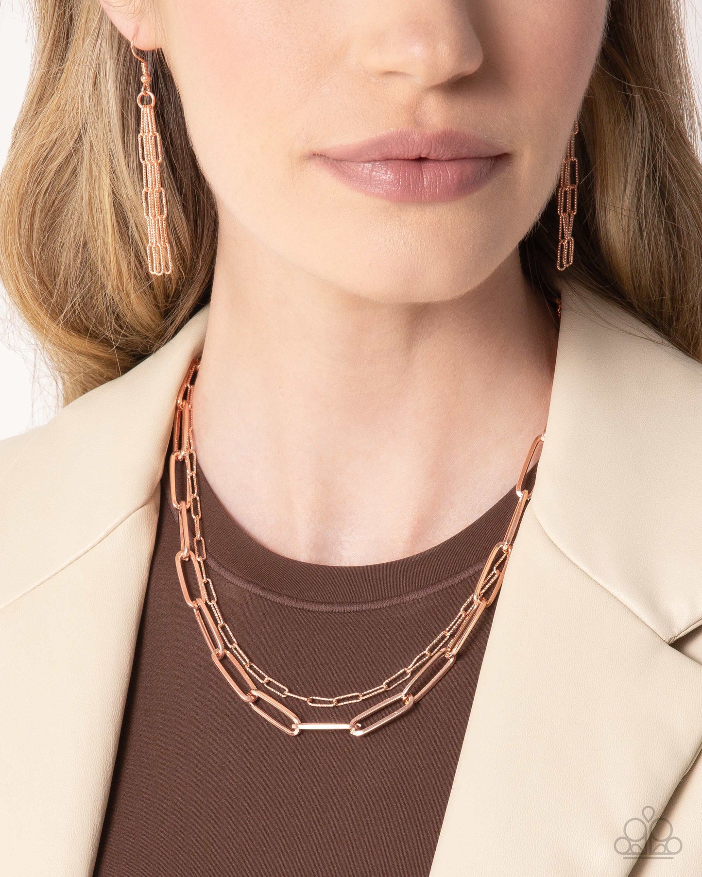 PERFECT MATCH / SET: Monochromatic Matinee - Copper Paperclip Chain Short Tiered Necklace AND Matinee Mashup - Copper Paperclip Chain Clasp Bracelet
