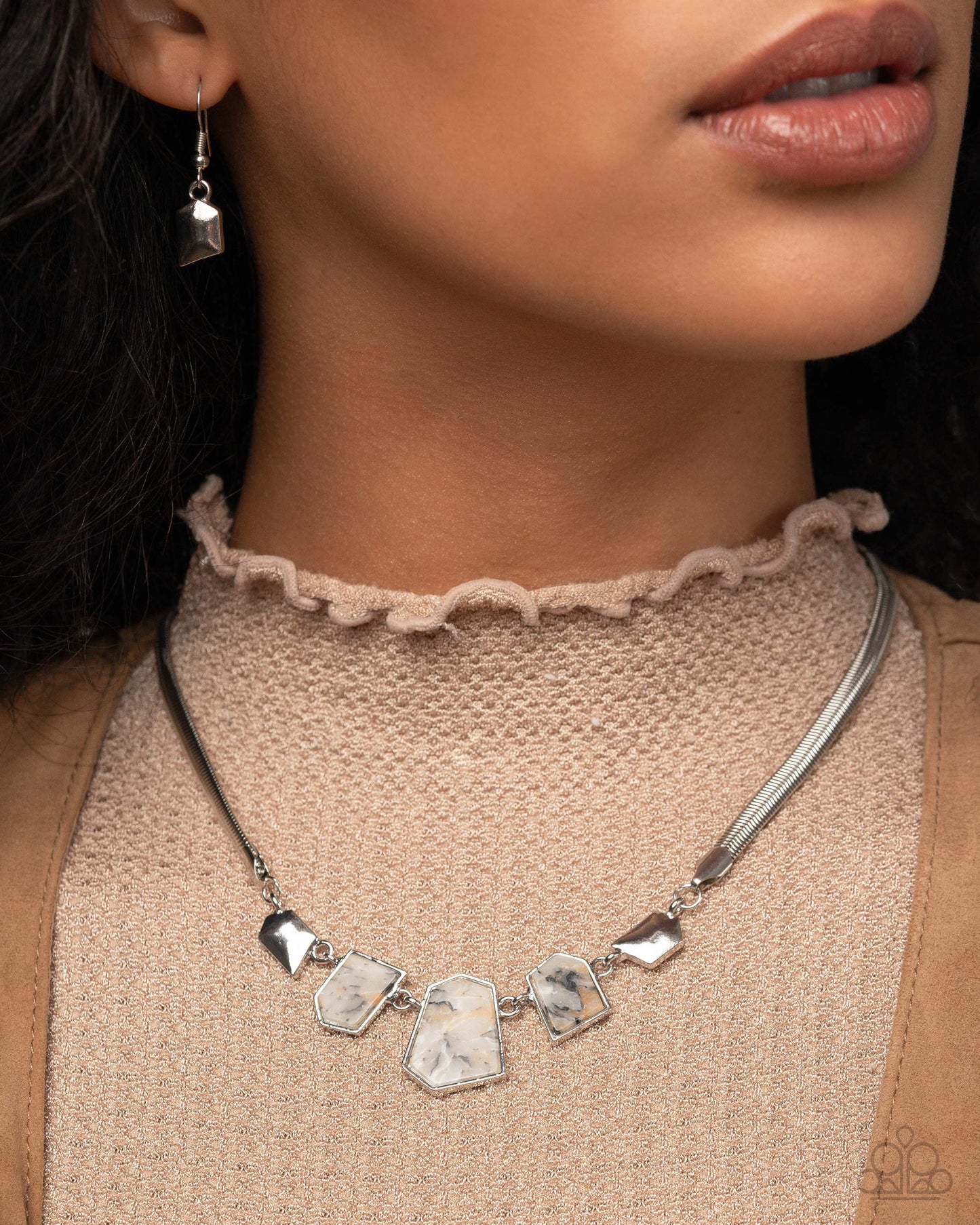 Lined Legacy - Multi Brown Black-Marbled Abstract Stones Silver Short Necklace