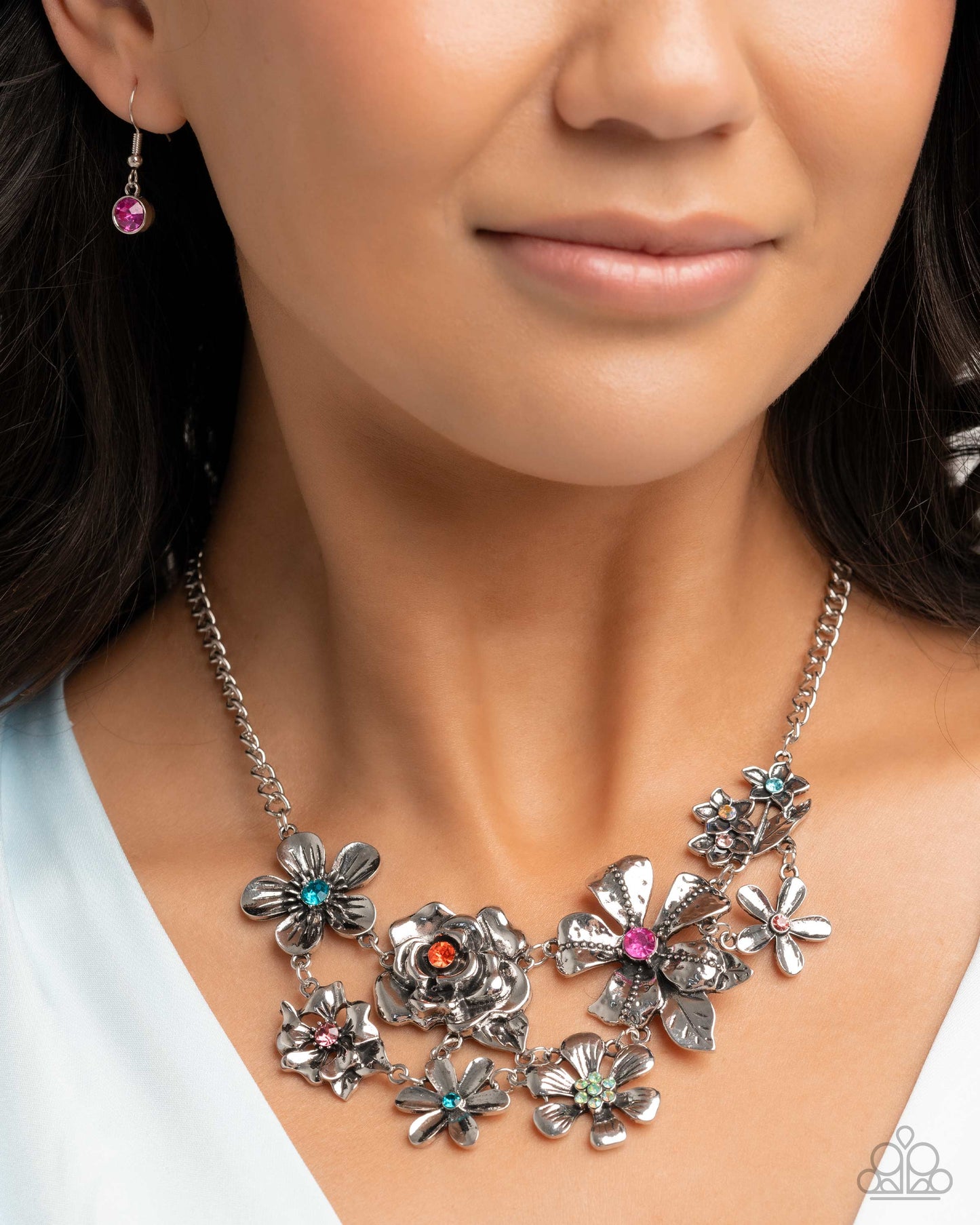 Floral Fate - Multicolored Rhinestones Silver Flower Short Necklace