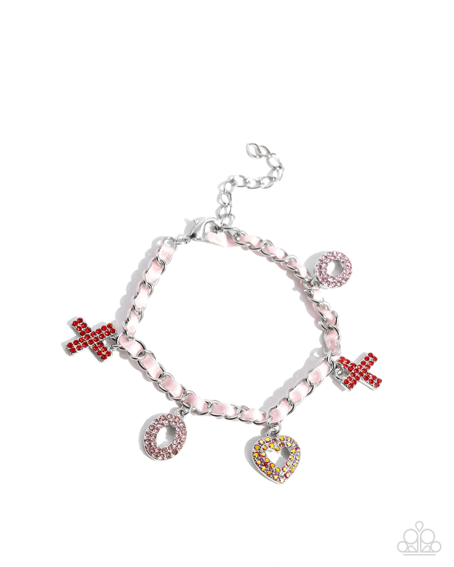 Courting Change - Multi Red and Light Rose Rhinestones XO Charms, Red Iridescent Rhinestone Heart Charm, Silver Curb Chain Baby Pink Ribbon Clasp Bracelet