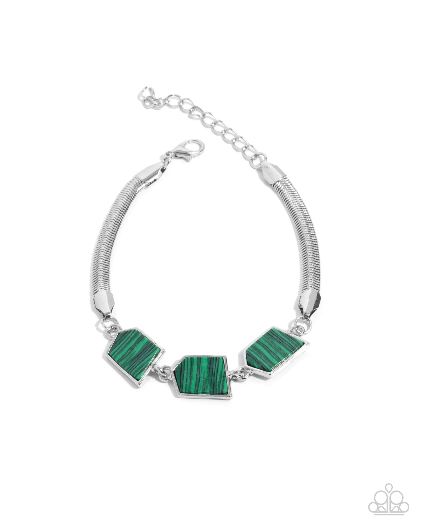 PERFECT MATCH / SET: Lined Legacy - Green-Striped Abstract Stones Silver Short Necklace AND Lined Leisure - Green-Striped Abstract Stones Silver Clasp Bracelet
