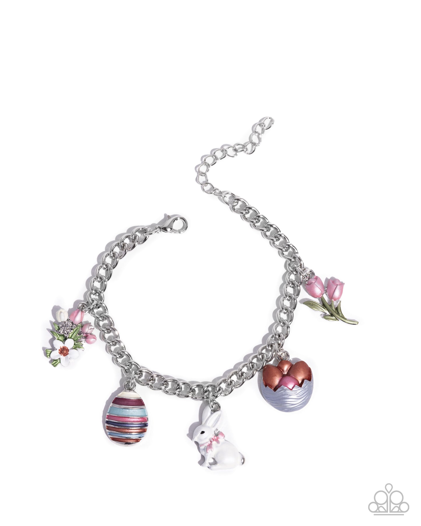 Easter Enhancement - Multi Color Flower Egg Bunny Charm Silver Clasp Bracelet