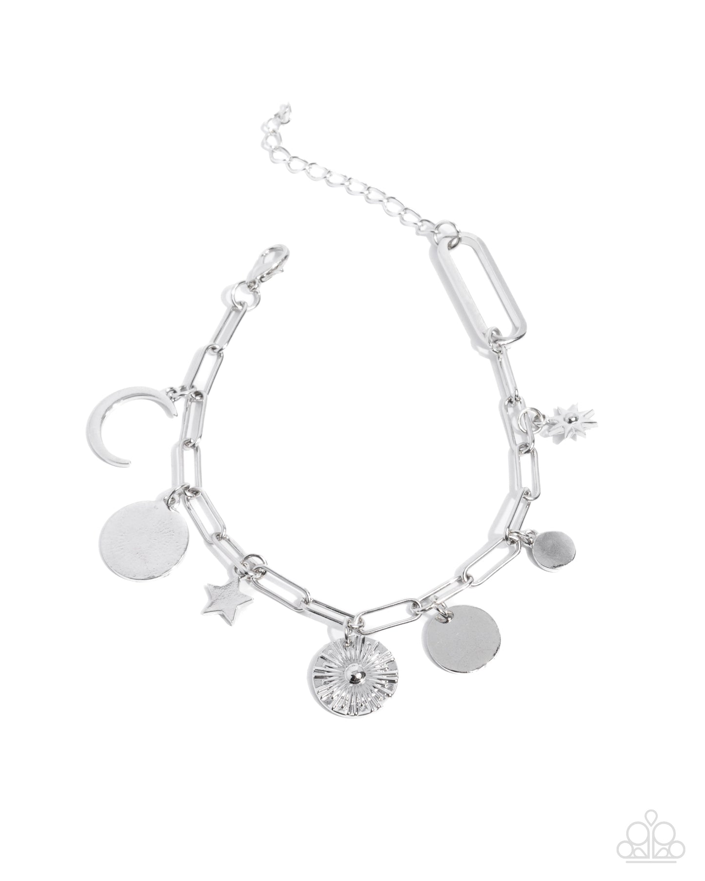 Astral Alias - Silver Paperclip Chain, Silver Stars Discs Sunburst Moon Charms Clasp Bracelet