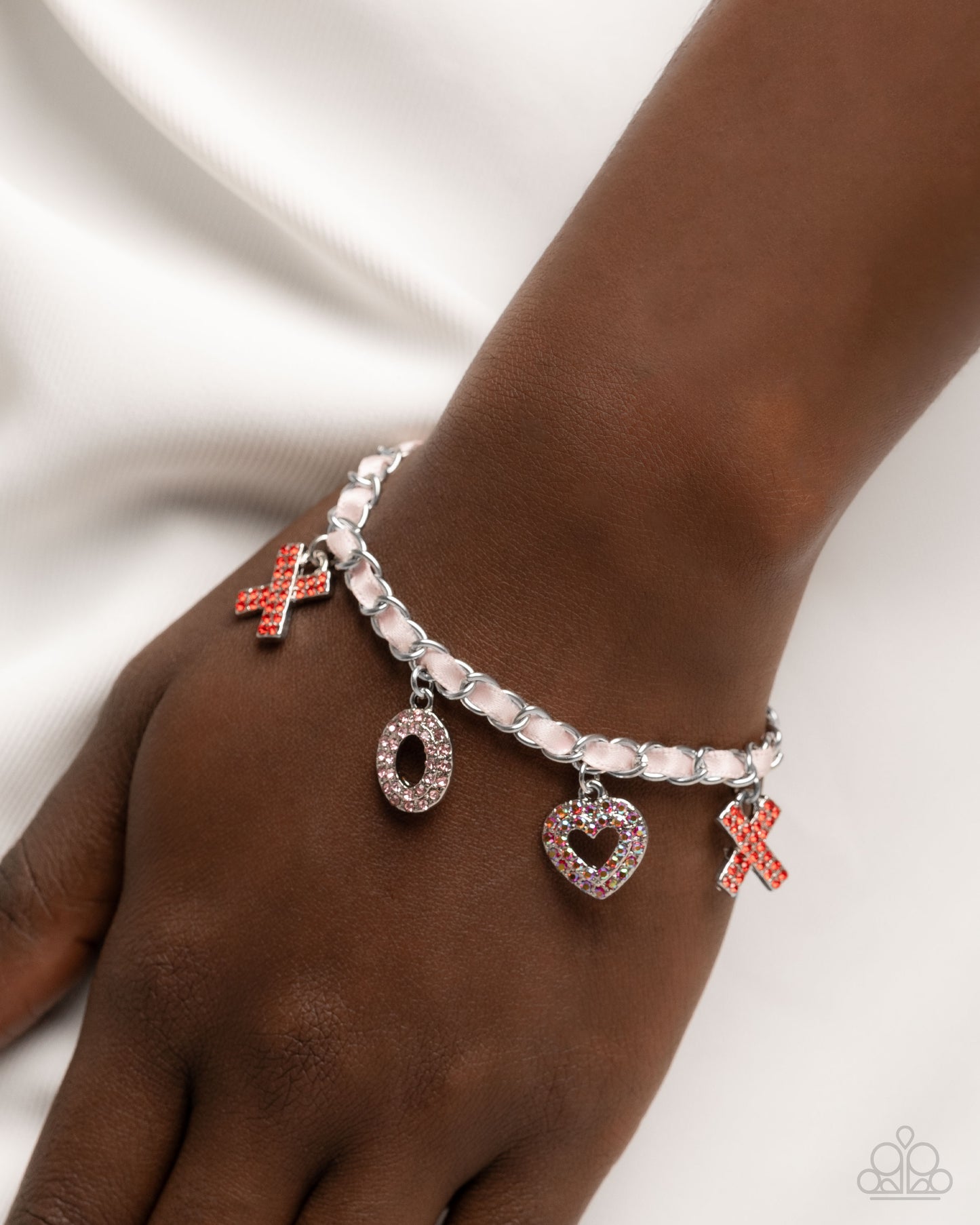 Courting Change - Multi Red and Light Rose Rhinestones XO Charms, Red Iridescent Rhinestone Heart Charm, Silver Curb Chain Baby Pink Ribbon Clasp Bracelet