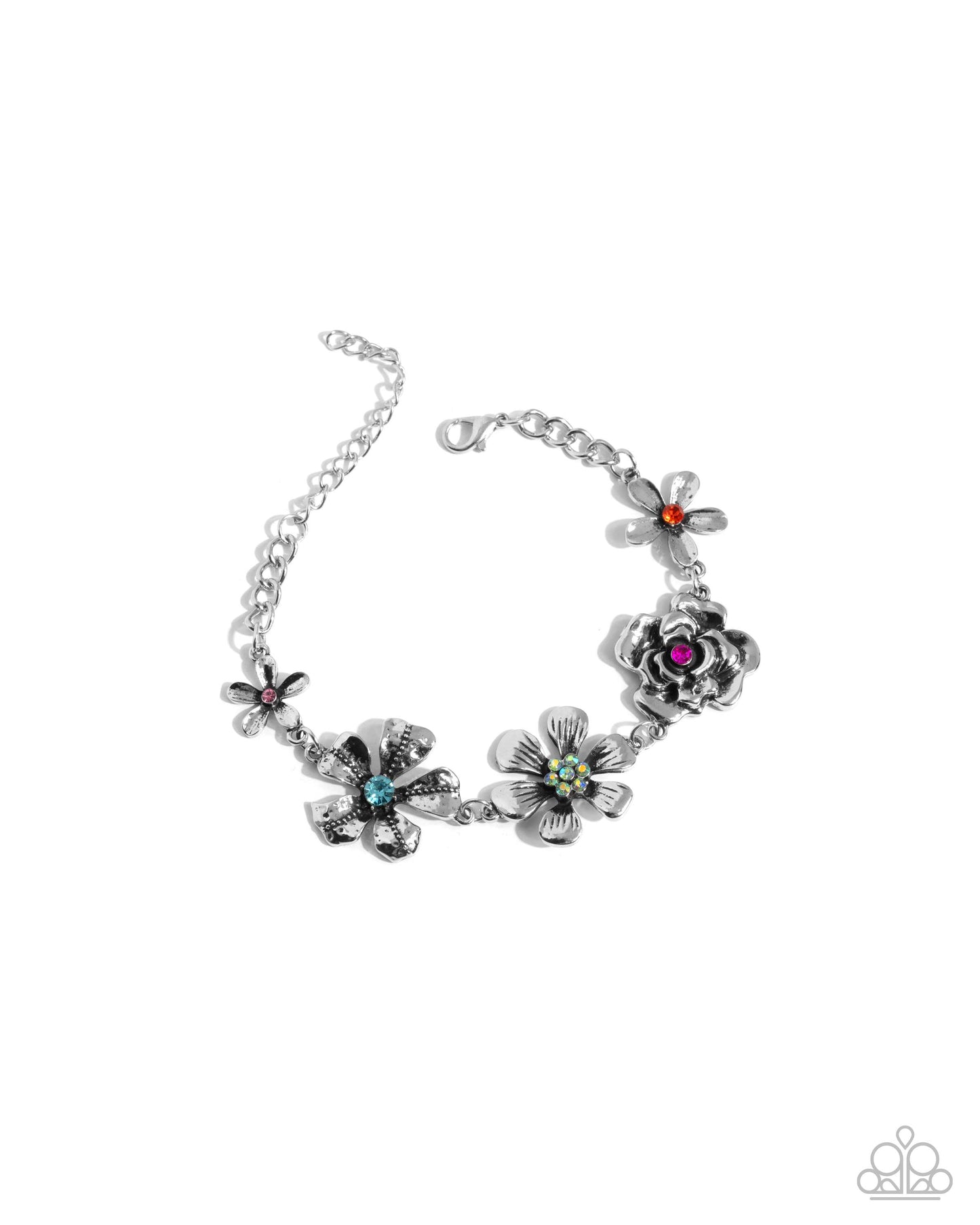 Floral Fluke - Multicolored Rhinestones Silver Flower Clasp Bracelet