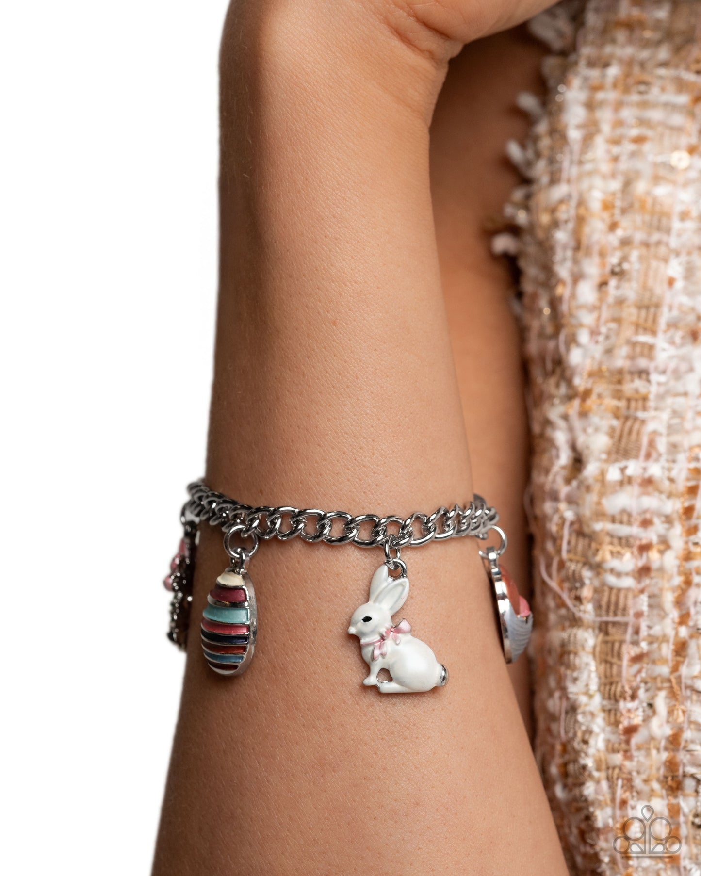 Easter Enhancement - Multi Color Flower Egg Bunny Charm Silver Clasp Bracelet