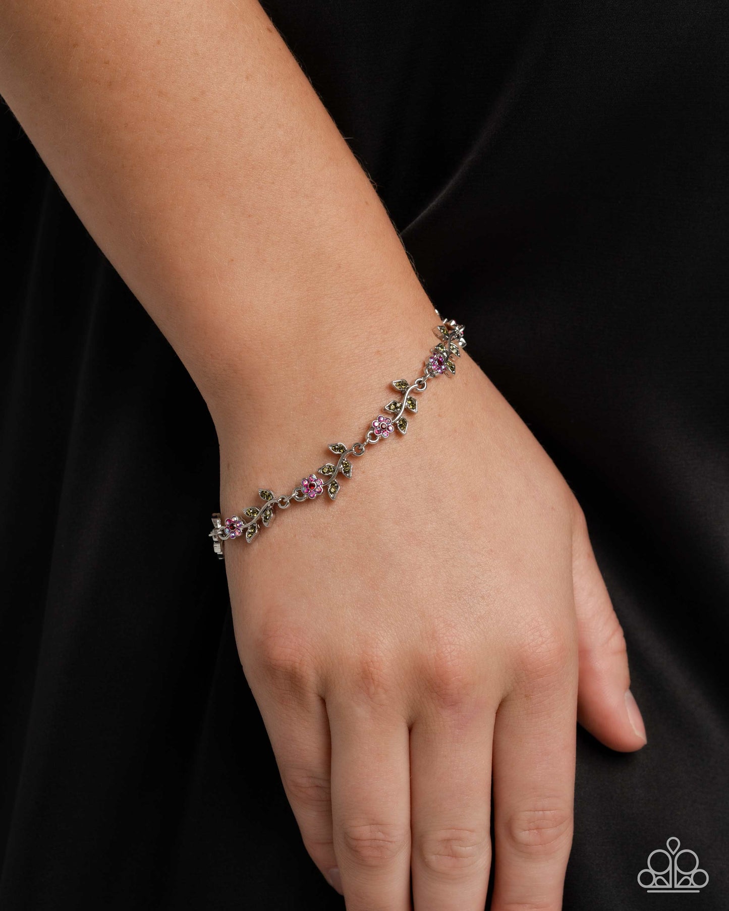 Personal Estate - Red and Red Iridescent Rhinestone Flowers with Olive Rhinestone Leaves Silver Clasp Bracelet