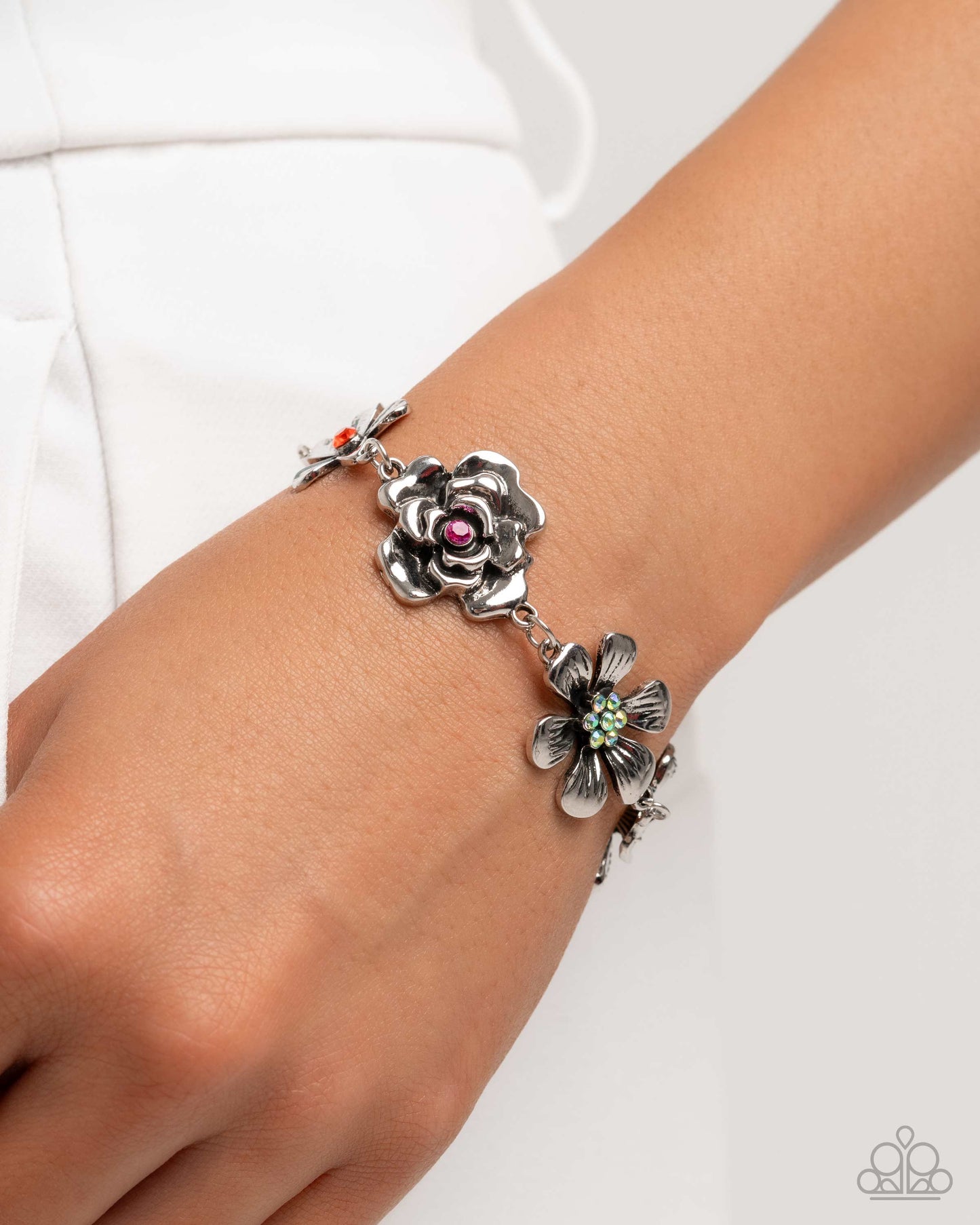 Floral Fluke - Multicolored Rhinestones Silver Flower Clasp Bracelet