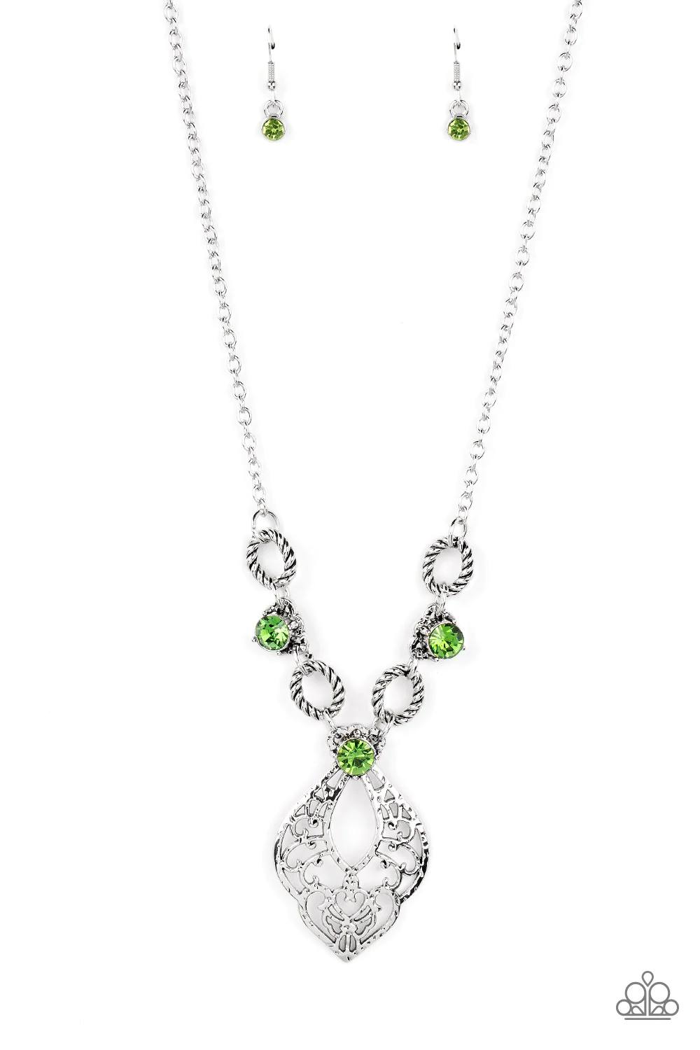Contemporary Connections - Green Rhinestone Silver Short Necklace