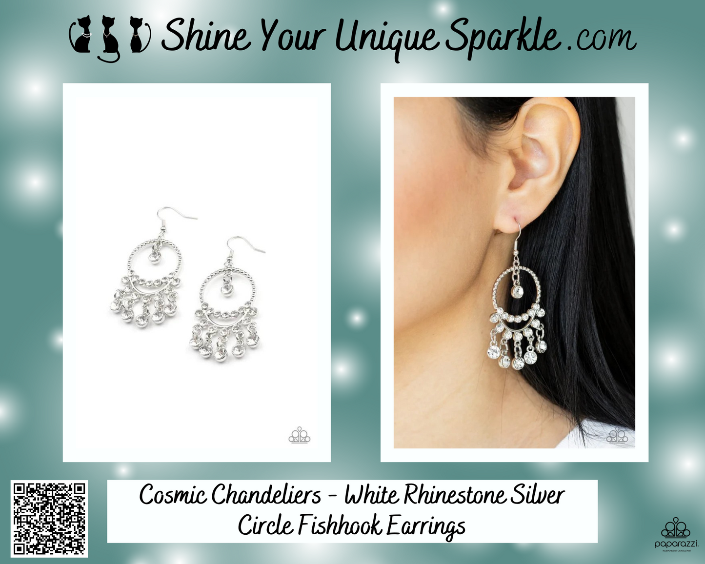 Cosmic Chandeliers - White Rhinestone Silver Circle Fishhook Earrings