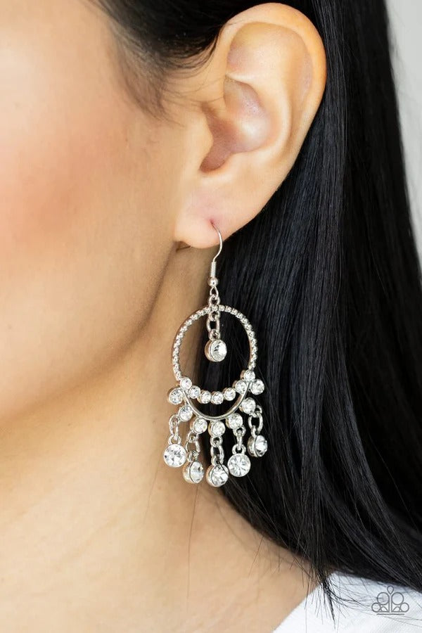 Cosmic Chandeliers - White Rhinestone Silver Circle Fishhook Earrings