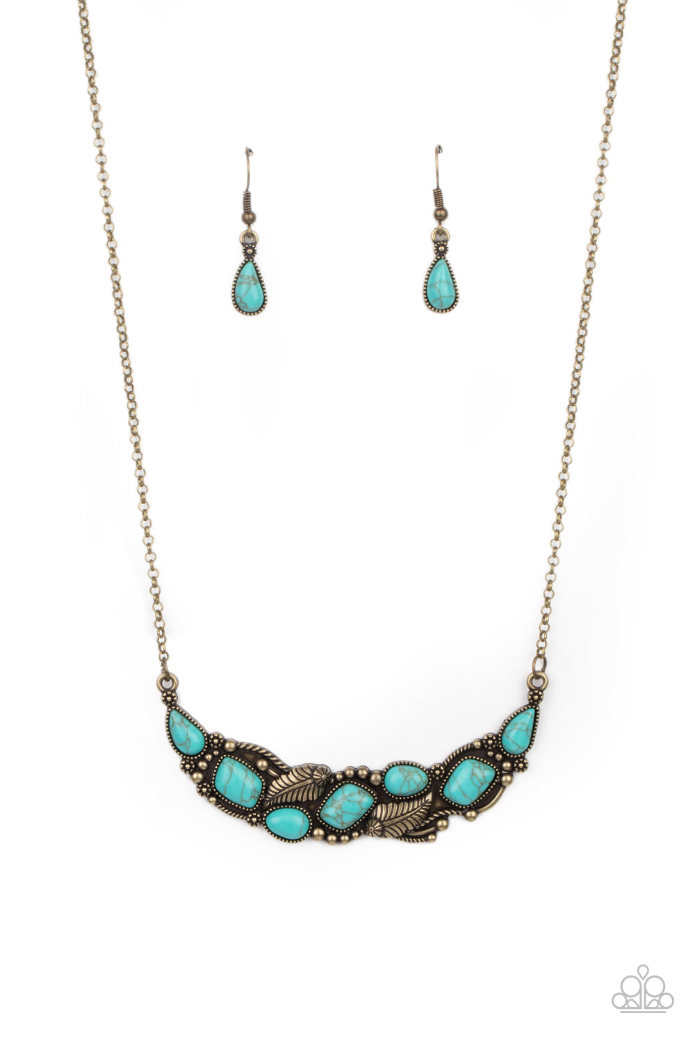 Cottage Garden - Brass and Turquoise Floral and Feather Short Necklace