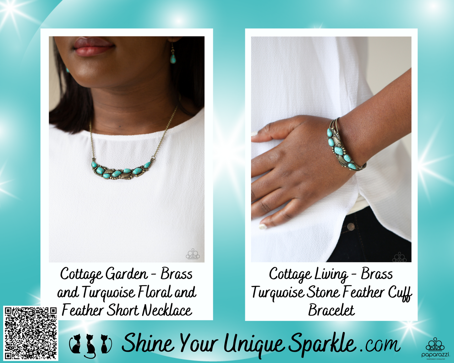 Cottage Living - Brass Turquoise Stone Feather Cuff Bracelet