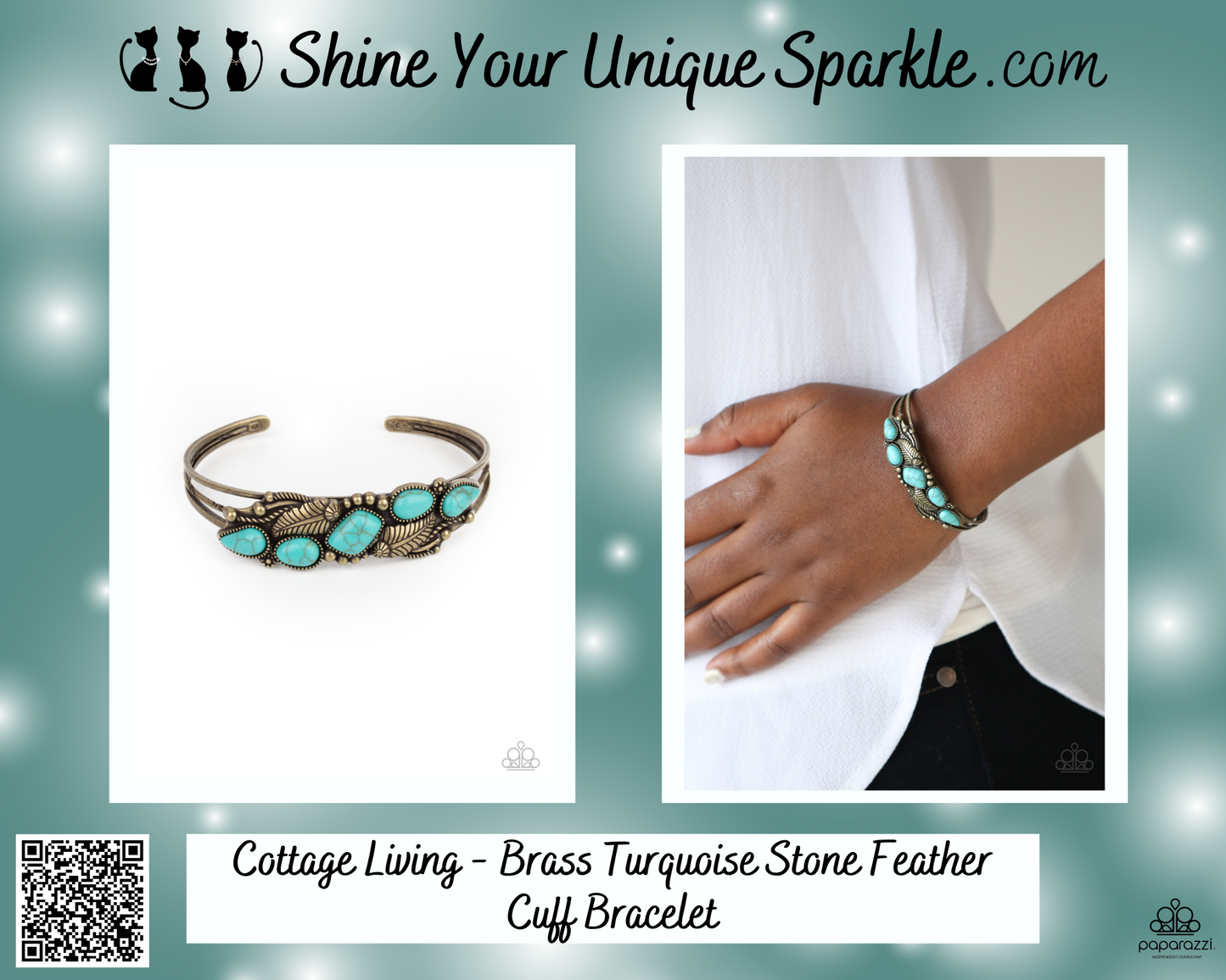 Cottage Living - Brass Turquoise Stone Feather Cuff Bracelet