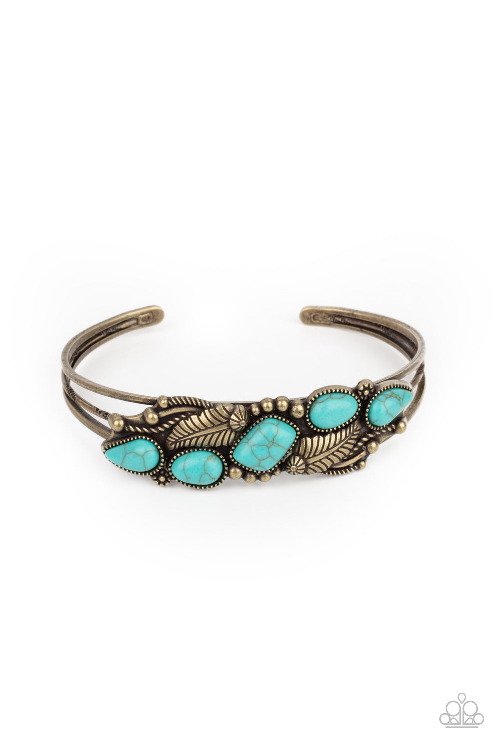PERFECT MATCH / SET: Cottage Garden - Brass and Turquoise Floral and Feather Short Necklace AND Cottage Living - Brass Turquoise Stone Feather Cuff Bracelet