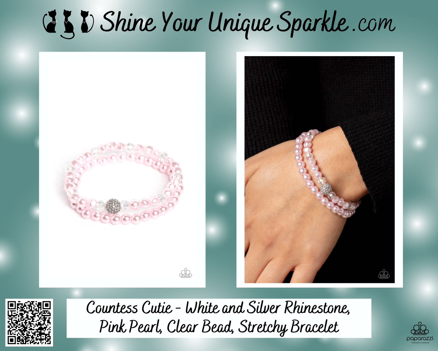 Countess Cutie - White and Silver Rhinestone, Pink Pearl, Clear Bead, Stretchy Bracelet