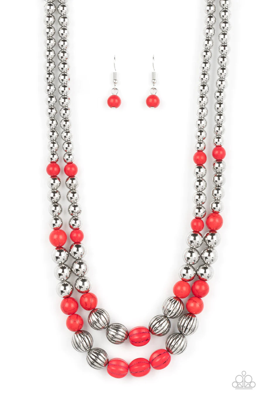 Country Road Trip - Red and Silver Bead Layered Short Necklace