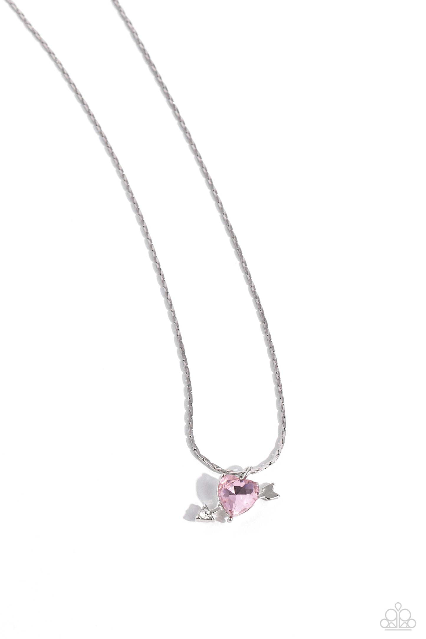 Courting Cupid - Pink Heart Gem Cupid Arrow Pendant Silver Short Necklace