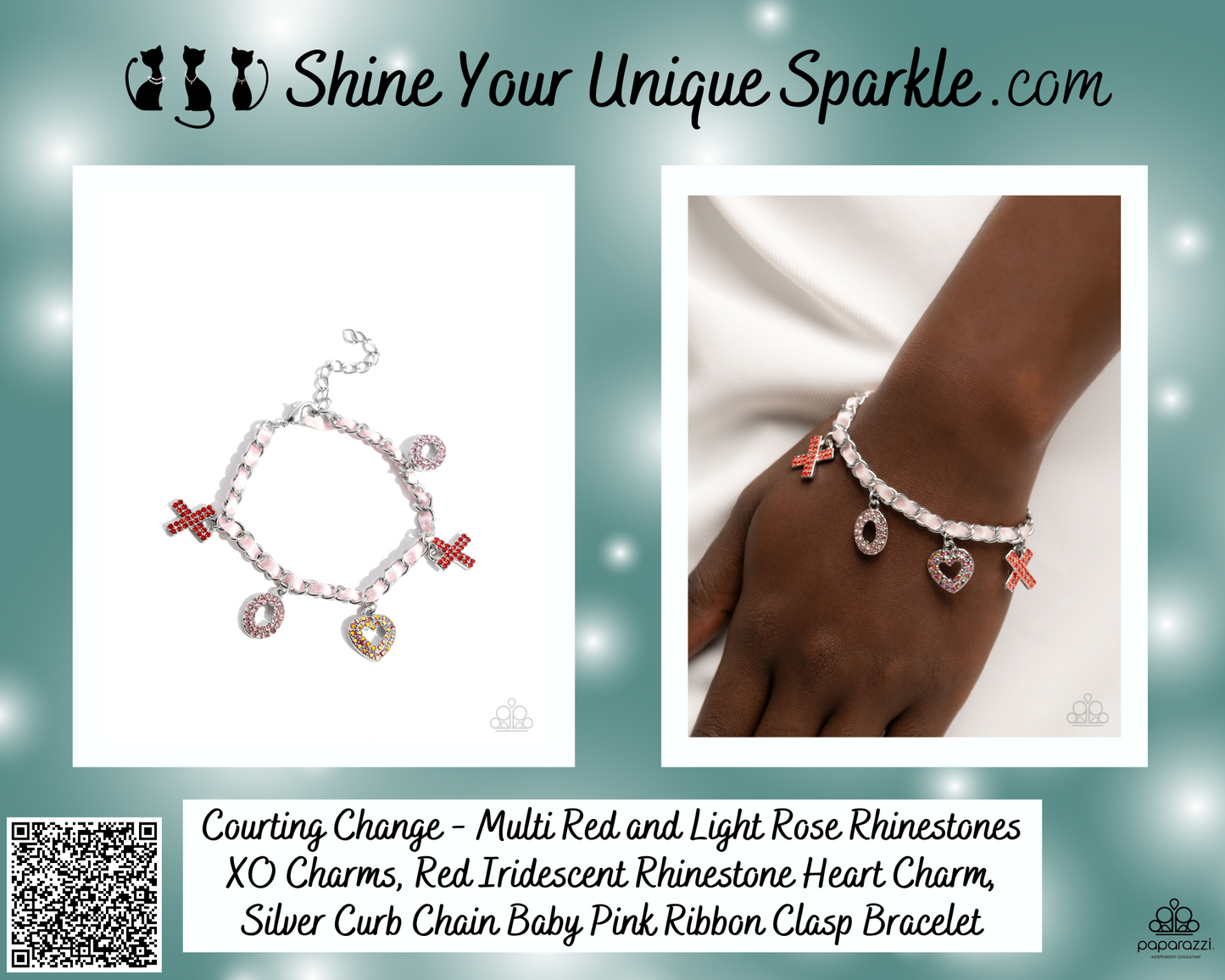 Courting Change - Multi Red and Light Rose Rhinestones XO Charms, Red Iridescent Rhinestone Heart Charm, Silver Curb Chain Baby Pink Ribbon Clasp Bracelet