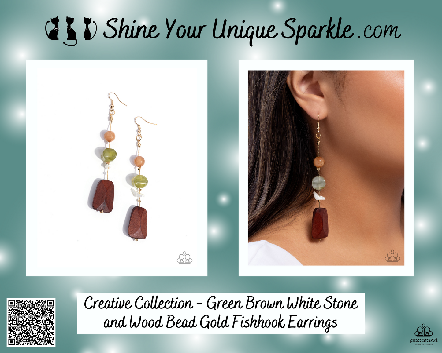 Creative Collection - Green Brown White Stone and Wood Bead Gold Fishhook Earrings