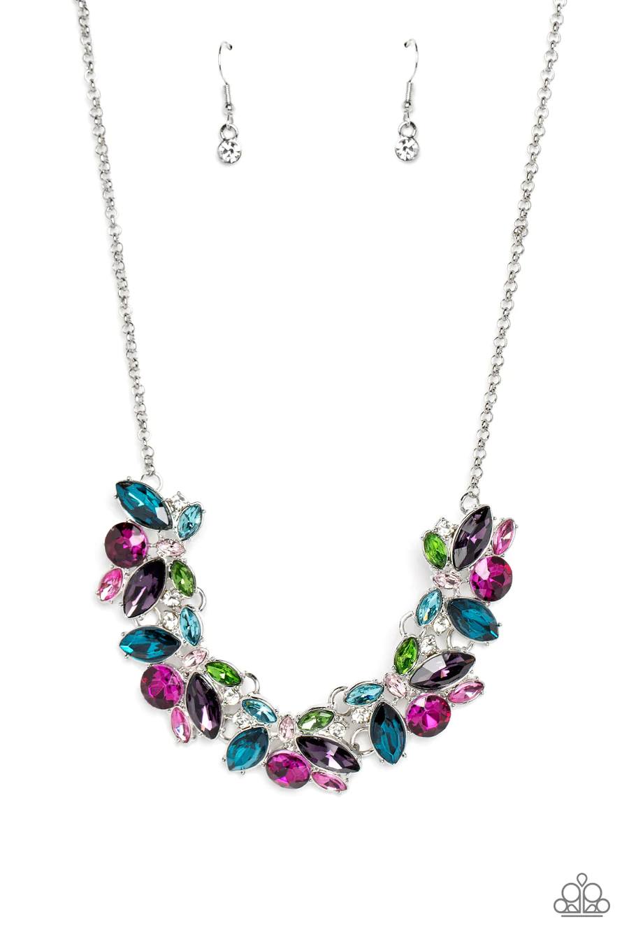 Crowning Collection - Multi Purple Pink Blue Green Gem Silver Short Necklace - Empower Me Pink Exclusive