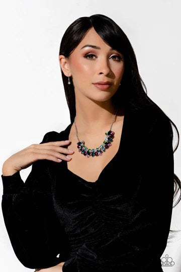 Crowning Collection - Multi Purple Pink Blue Green Gem Silver Short Necklace - Empower Me Pink Exclusive