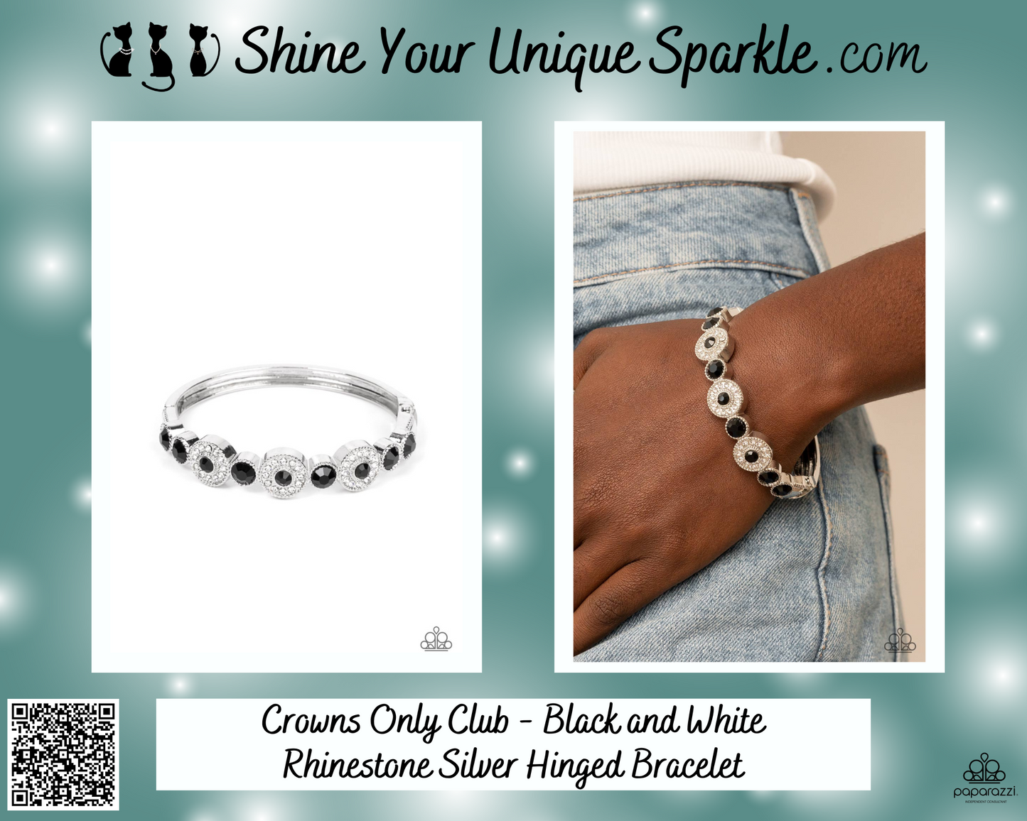 Crowns Only Club - Black and White Rhinestone Silver Hinged Bracelet