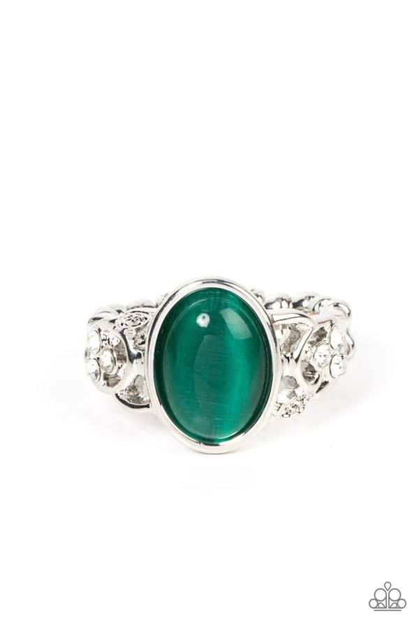 Crystals and Cat's Eye - Green Stone White Rhinestones Silver Ring