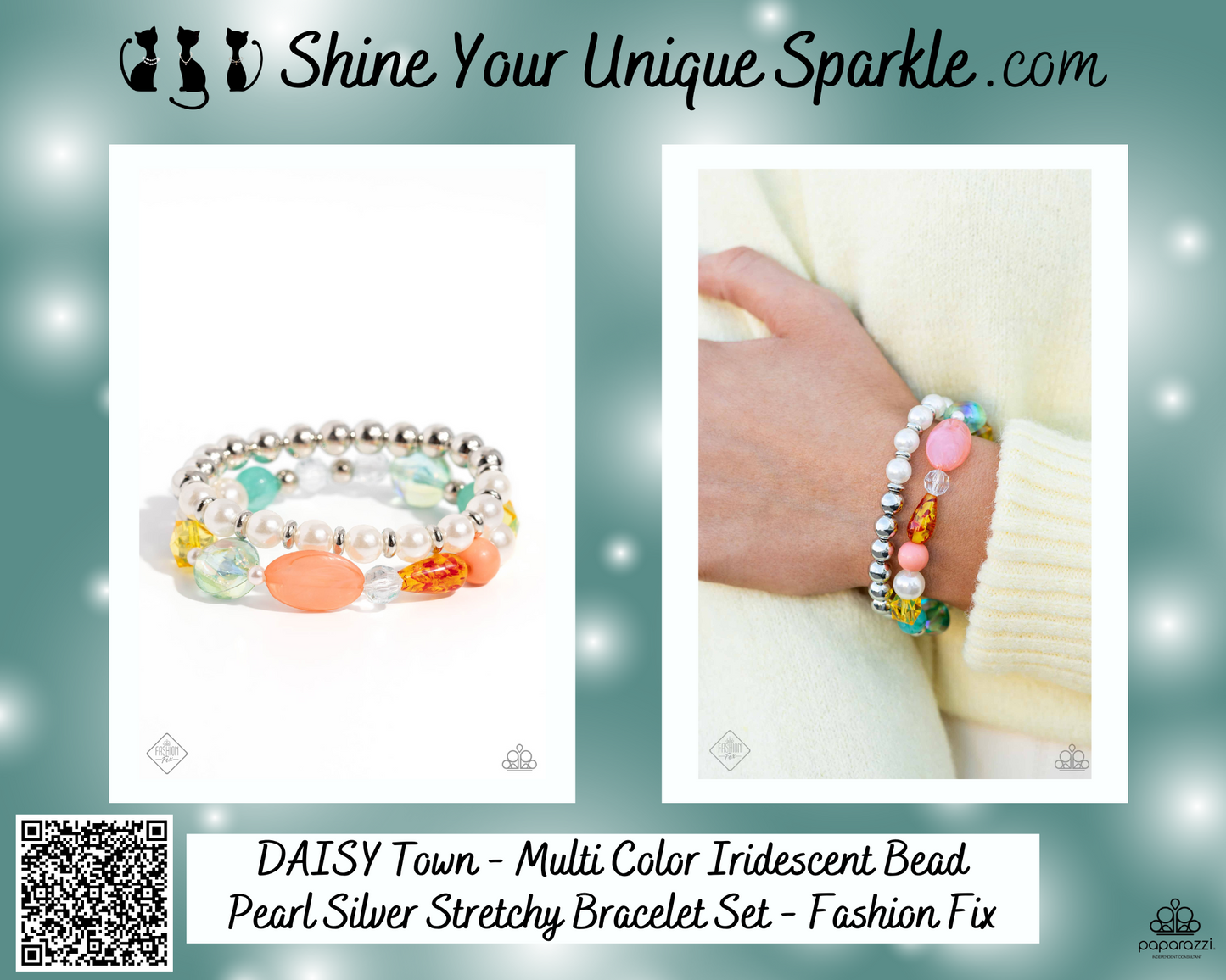 DAISY Town - Multi Color Iridescent Bead Pearl Silver Stretchy Bracelet Set - Fashion Fix