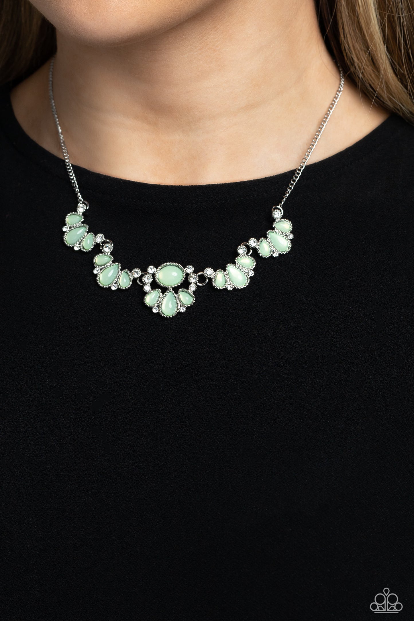 Dancing Dimension - Green Acrylic Bead White Rhinestones Silver Short Necklace