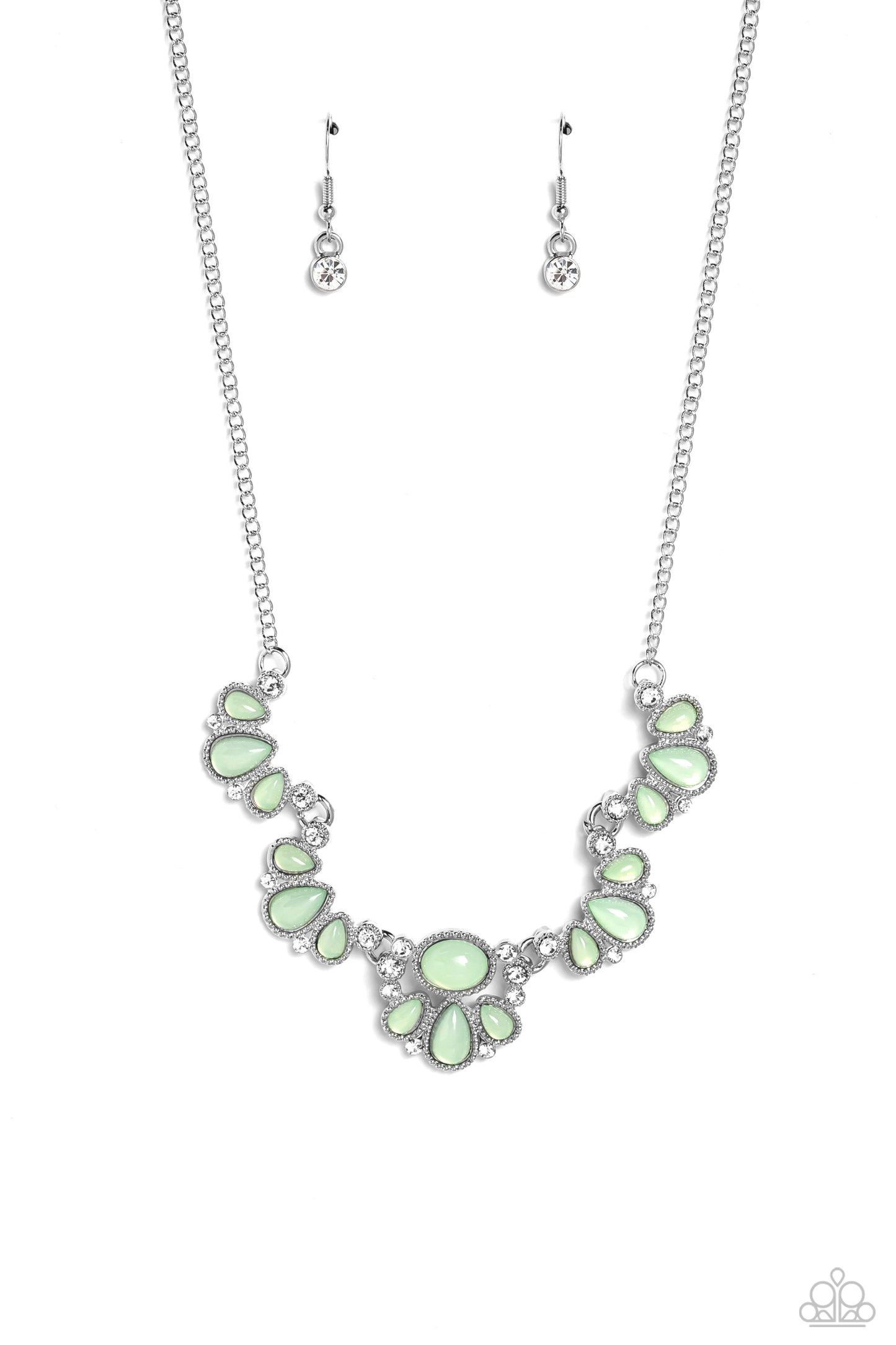 Dancing Dimension - Green Acrylic Bead White Rhinestones Silver Short Necklace