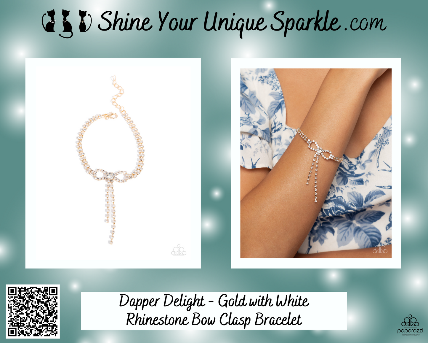 Dapper Delight - Gold with White Rhinestone Bow Clasp Bracelet