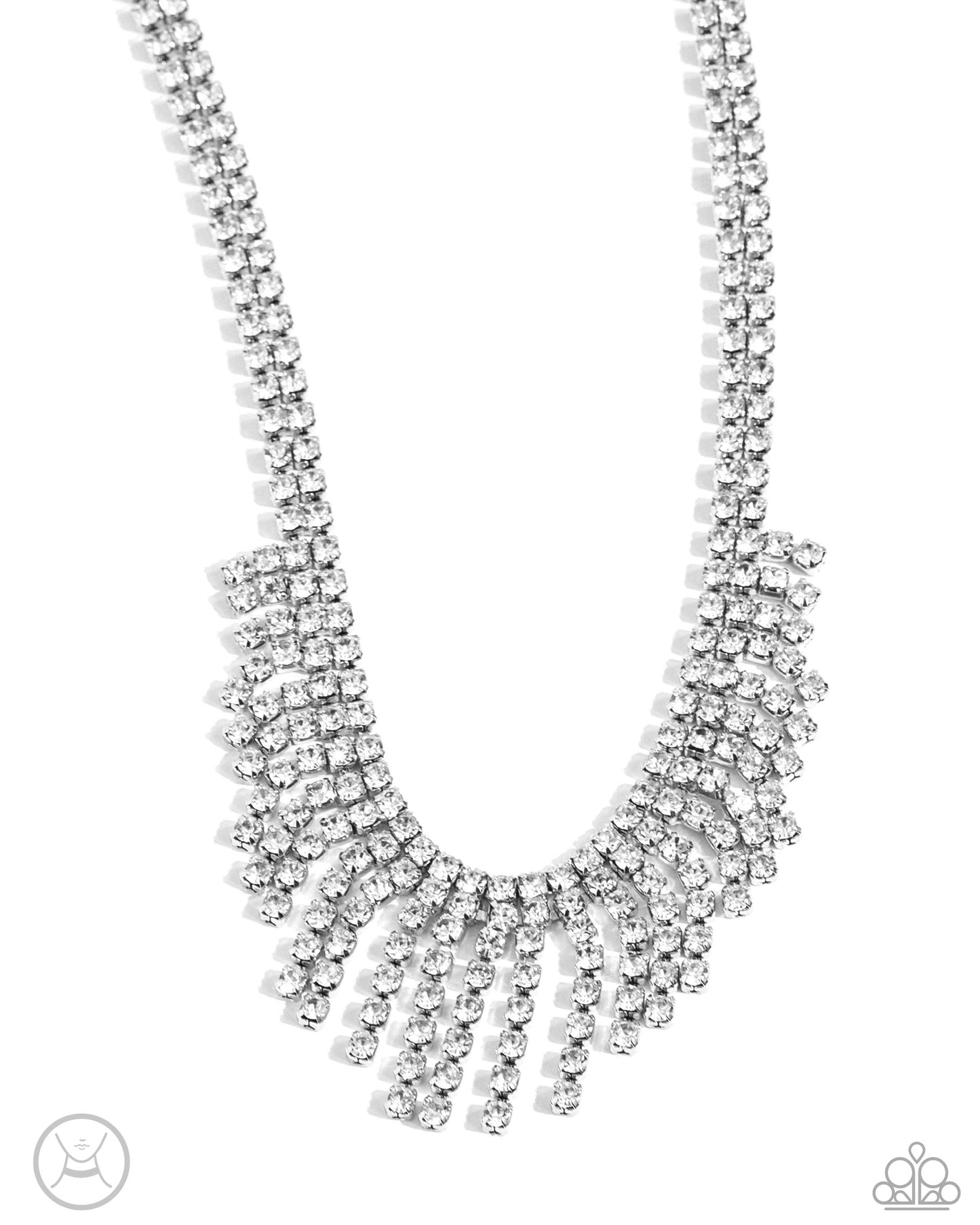 PERFECT MATCH / SET: Daring Decadence - White Rhinestone Fringe Silver Choker Necklace AND Curtain Confidence - White Rhinestone Fringe Silver Anklet - Life of the Party