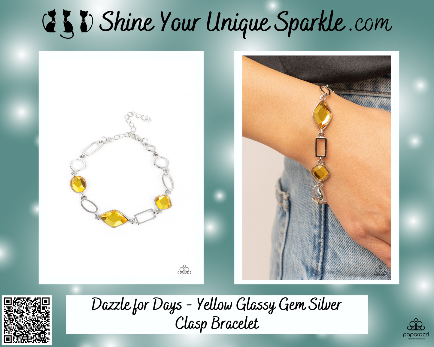 Dazzle for Days - Yellow Glassy Gem Silver Clasp Bracelet