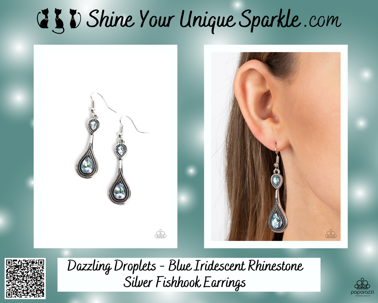 Dazzling Droplets - Blue Iridescent Rhinestone Silver Fishhook Earrings