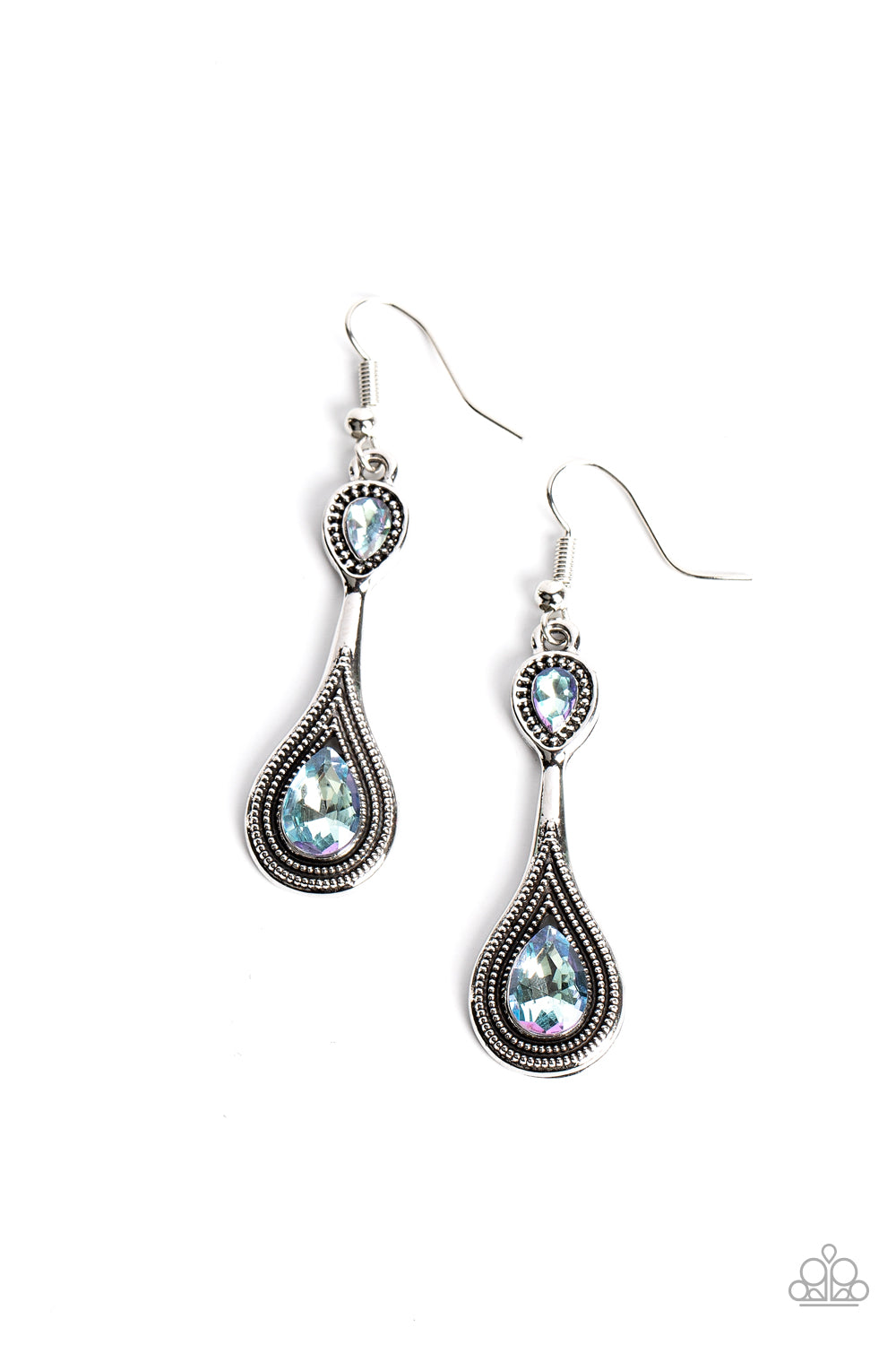 Dazzling Droplets - Blue Iridescent Rhinestone Silver Fishhook Earrings